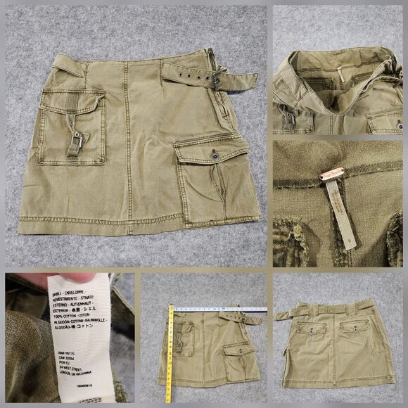 Free People Womens Size 6 Cargo Military Green Utility Mini Skirt MANY POCKETS